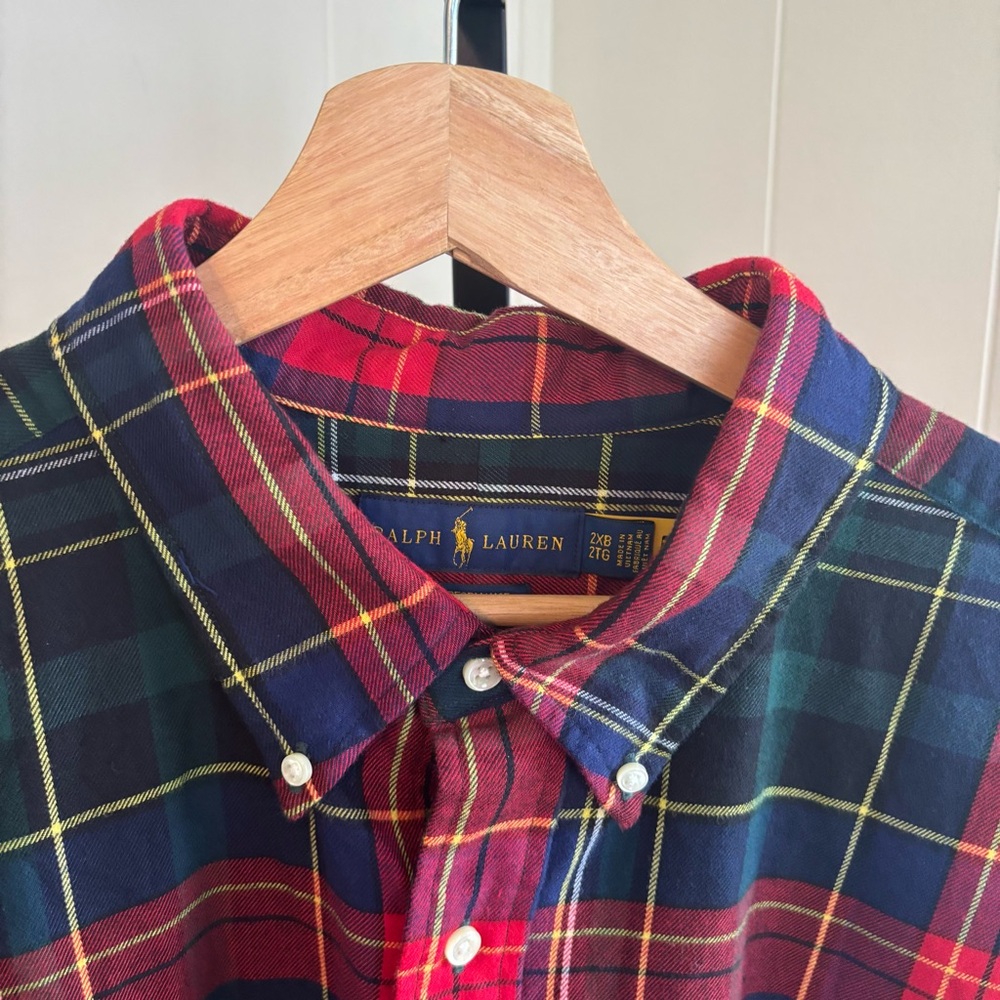 Ralph Lauren Flannel Shirt Men 2XB Red Green Button Up Tartan Plaid Performance